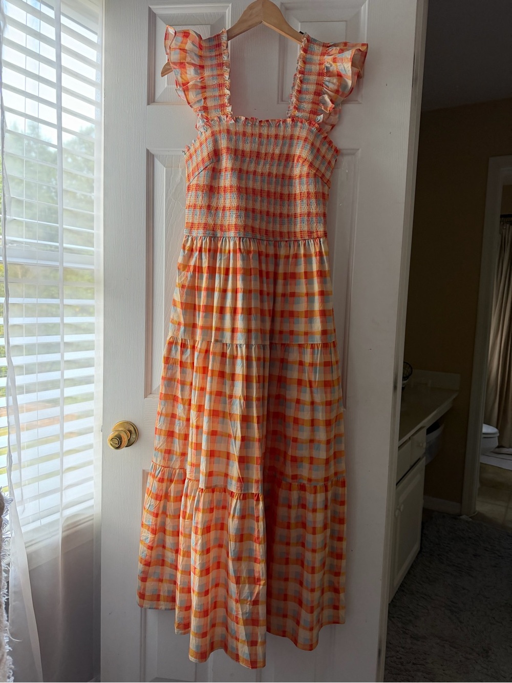 entro Orange and Cream Plaid Smocked Maxi Dress